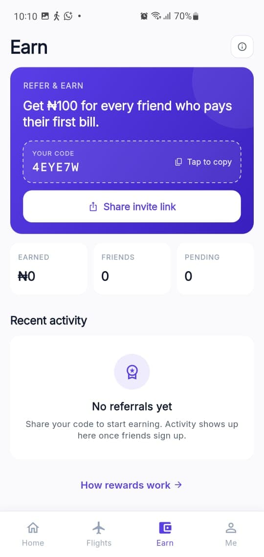 Refer and earn screen