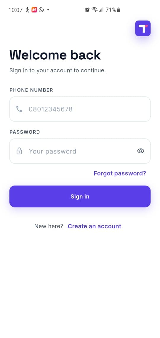 Timpbills sign-in screen